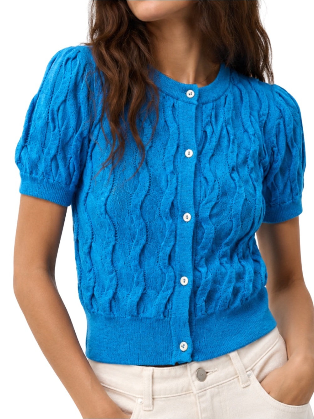 Zara Blue Textured Knit Short Sleeve Cardigan Sweater Size Small S